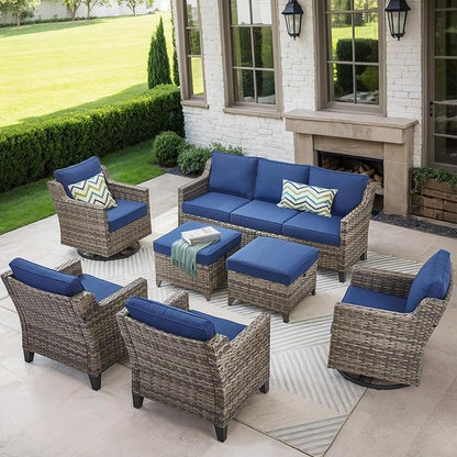 Patio Furniture Set, 7 Pieces Outdoor Wicker Rattan Sofa Couch with Swivel Rocking Chair, Ottomans and Comfy Cushions, All Weather Outdoor Conversation Sets, Suit for Porch Deck