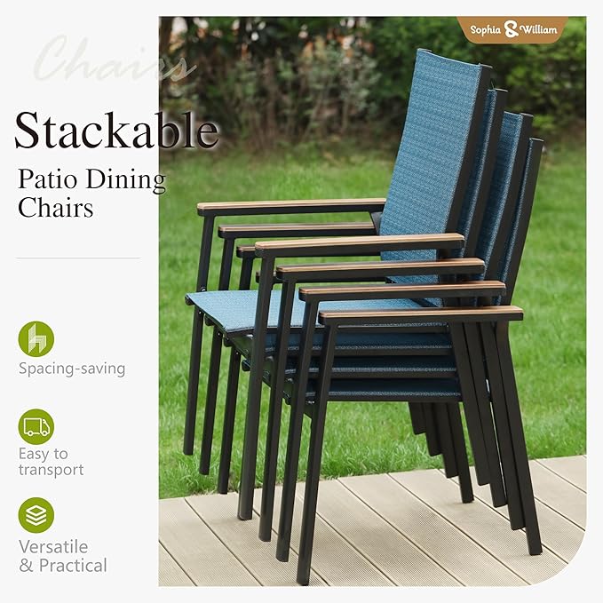 Sophia & William Outdoor Dining Set 7 Pieces, 6 x Aluminum Patio Dining Chairs and Large 64" Metal Dining Table, Space-Saving and Lightweight for Patio Lawn Garden (Blue)