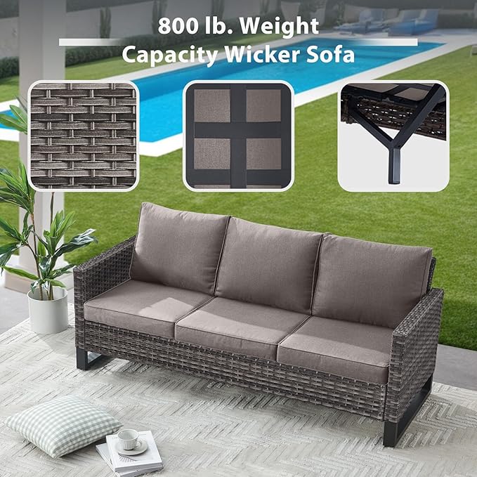 4 Piece Wicker Patio Furniture with Fire Pit Table - Outdoor Conversation Set with 50,000 BTU Fire Pit, All Weather Rattan Patio Set for Deck Backyard Garden - Grey Wicker Grey Cushion