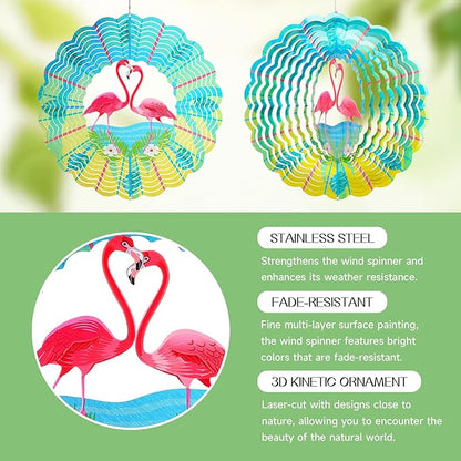Flamingo Wind Spinners Garden Yard Decor Gift for Women Men, 12 Inch Outdoor Metal 3D Wind Spinner, Stainless Steel Hanging Wind Catchers Kinetic Sculpture for Outside Decoration