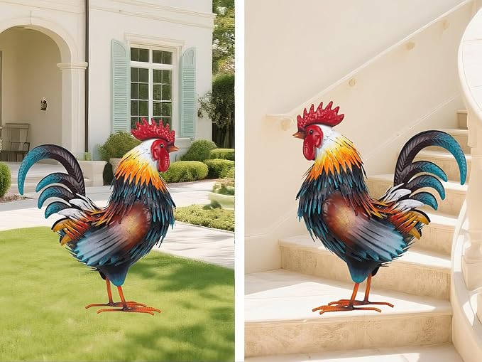 Rooster Garden Statue Sculpture Metal Chicken Yard Decor Outdoor Figurines Patio Backyard Decoration (Yellow)