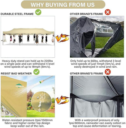 COBIZI 10x30 Pop up Canopy Tent 10x30 Canopy No Sidewall Waterproof Heavy Duty Commercial for Parties Outdoor Garden Gazebo Tent, Carry Bag with Wheel(10x30ft No Sidewalls, Khaki)