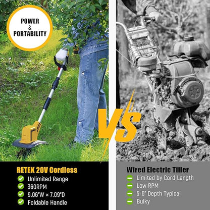 RETEK Adjustable Cordless Tiller, Compatible with Dewalt 20V Battery(Tool Only), 360RPM Electric Garden Tiller, 9.06In Tilling Width & 7.09In Depth, Portable Tiller for Flower Beds/Plant Cultivation