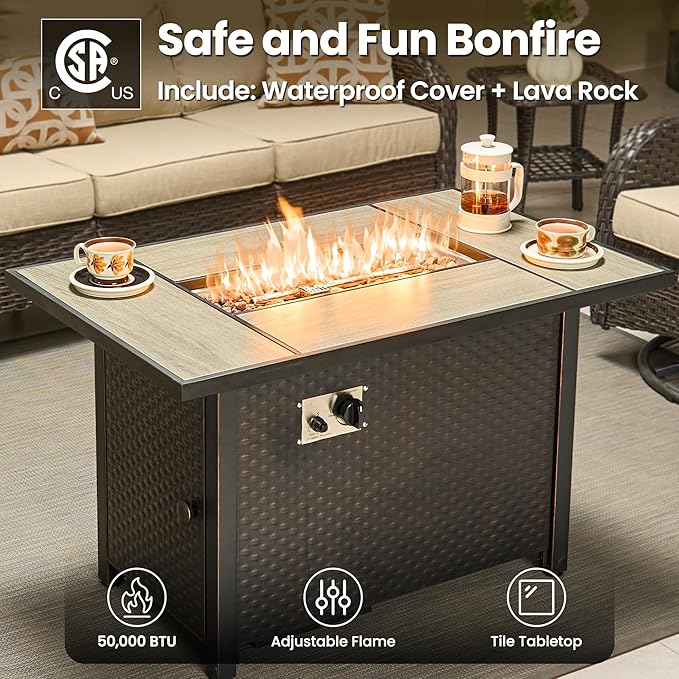 ovios 8 Pieces Patio Furniture Set, Outdoor Wicker Sofa Couch with Swivel Chairs 42" Fire Pit Table, High Back All Weather Modern Conversation Sets, Brown Rattan, Beige