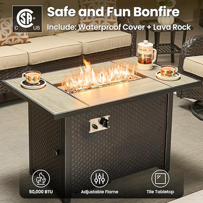 ovios 8 Pieces Patio Furniture Set, Outdoor Wicker Sofa Couch with Swivel Chairs 42" Fire Pit Table, High Back All Weather Modern Conversation Sets, Brown Rattan, Beige