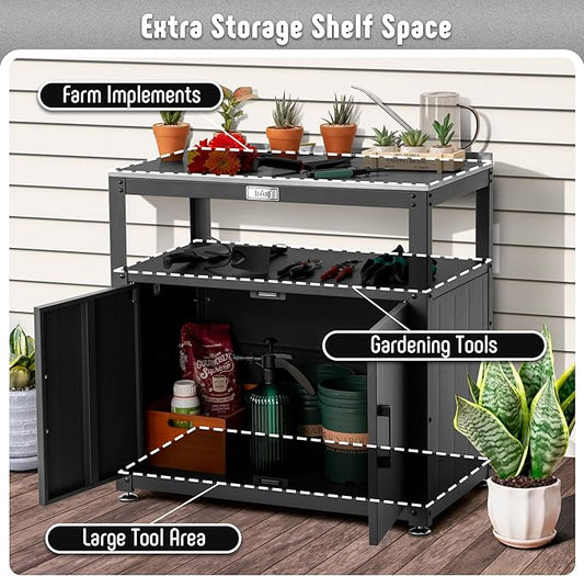 Garden Potting Bench with Storage Cabinet,Outdoor Gardening Table & Work Bench for Plants, Horticulture,Outdoor Workstation with Stainless Steel Tabletop,Outdoor Work Table