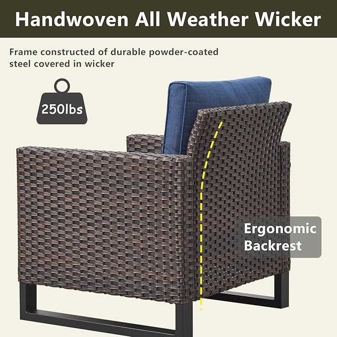 Rilyson Wicker Outdoor Patio Chairs Set - 3 Piece Rattan Patio Furniture Bistro Chairs Set with Waterproof Wicker,Comfortable Cushions and Sturdy Metal Frame for Porch Deck Backyard(Brown/Blue)