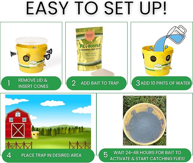 Flybuster Fly Trap | Outdoor Device for Catching Flies | 10-Liter Commercial Size (2-Pack) | Comes with Two Flytraps and 4 Bait Packets | 2,000,000 Fly Capacity | Non-Toxic | Child & Pet Safe