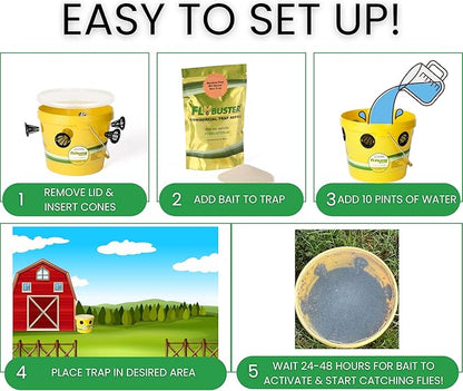 Flybuster Fly Trap | Outdoor Device for Catching Flies | 10-Liter Commercial Size (2-Pack) | Comes with Two Flytraps and 4 Bait Packets | 2,000,000 Fly Capacity | Non-Toxic | Child & Pet Safe