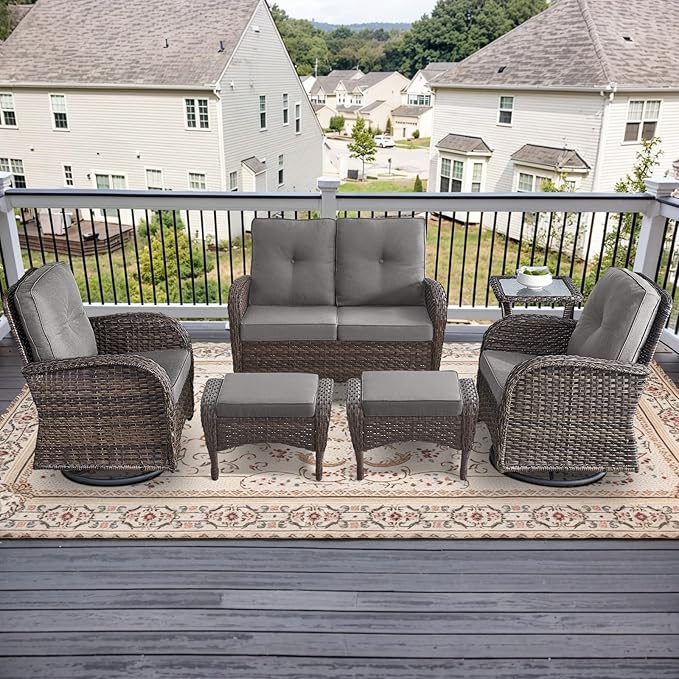 Outdoor Swivel Glider Rocker Chairs Set- 6 Piece Patio Furniture Set with A Glider Loveseat, Tempered Glass Side Table and 2 Ottoman, for Balcony, Porch - Brown Wicker, Grey Cushion