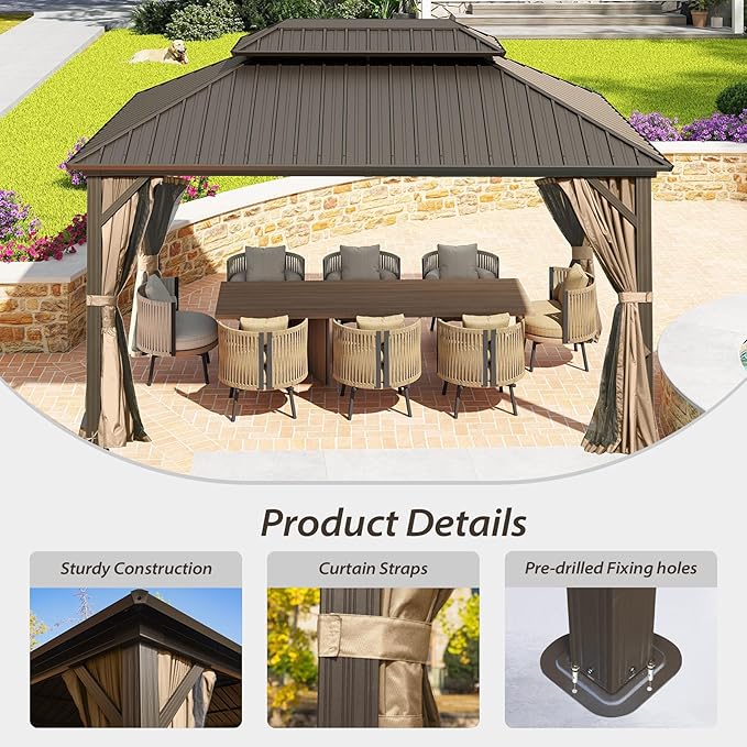 Domi 10'x12' Hardtop Gazebo Canopy,Outdoor Metal Gazebo with Galvanized Steel Roof,Curtain and Netting,Permanent Gazebos Pavilion for Patio Deck,Backyard