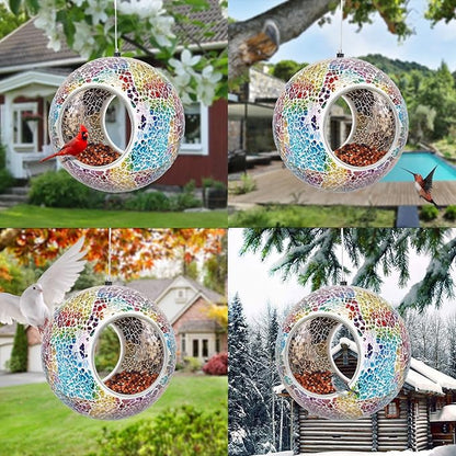 Yinns Mosaic Bird Feeder- Fly Through Glass Bird Feeders for Outside Hanging with Round Shape Glass Container Wild Birdfeeder for Garden Decor, 6.5 Inch Multicolor
