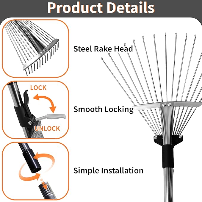 Garden Rake for Leaves – Heavy Duty Metal Leaf Rake for Lawns with Adjustable Handle (33"-69") & Expandable Head (8"-15") – Durable for Lawn, Shrub, Garden Beds – Essential Gardening Tools