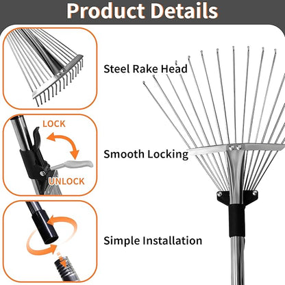 Garden Rake for Leaves – Heavy Duty Metal Leaf Rake for Lawns with Adjustable Handle (33"-69") & Expandable Head (8"-15") – Durable for Lawn, Shrub, Garden Beds – Essential Gardening Tools