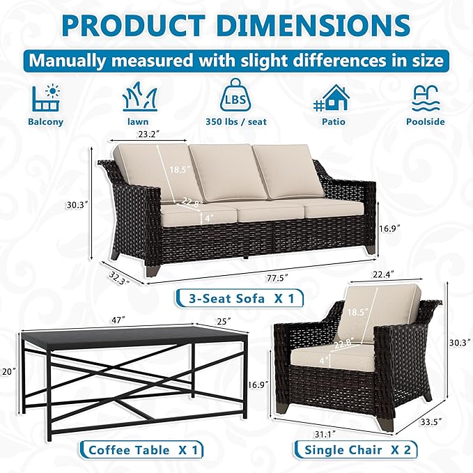 Vista Vibe 4 Pieces Outdoor Patio Conversation Furniture Set - 78" 3-seat Sofa | 2 Chairs | Metal Coffee Table, Deep Seat Loveseat, Removable Cushions, PE Rattan Couch, Lawn (Brown/Beige)