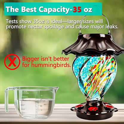 LUJII Solar Powered Hummingbird Feeder for Outside, Hand Blown Glass, 35 fl.oz, Never Leak, Waterproof, Metal Base Top, Lighted Lantern for Garden Decoration, Unique Gift for Bird Lovers, Teal