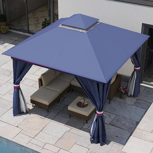 LAUSAINT HOME Outdoor Patio Gazebo 10'x10' with Expansion Bolts, Heavy Duty Gazebos Shelter Party Tent with Double Roofs, Mosquito Nettings and Privacy Screens for Backyard, Garden, Lawn, Elegant Blue