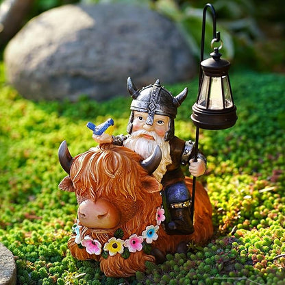 Garden Gnome Outdoor Statue 12 Inch Highland Cow Gnomes Decorations for Yard Patio Lawn Porch Birthday for Women, Mother’s Day, Housewarming with Solar Light Funny Decor for Outside