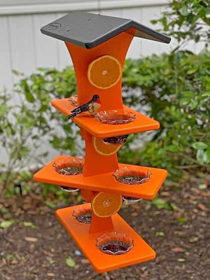 DutchCrafters Plastic Poly Double Platform Hanging Oriole Bird Feeder with Fruit Slice Holders & Nectar Cups, Jelly Bird Feeders for Outside - Amish Made in USA (Triple, Black & Bright Orange)