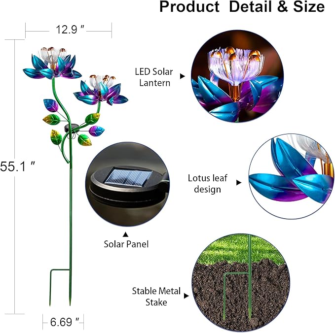 55'' Solar Powered Kinetic Wind Spinner Sculpture Blue Lotus Metal Stake Spinner for Patio, Lawn and Garden Decor Weather-Resistant Outdoor Art with Dual Lotus Design