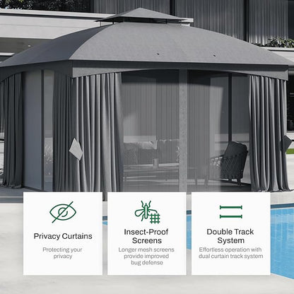 Heavy Duty Gazebo, 11 x 13 Ft Outdoor Patio Pavilion with Galvanized Steel Metal Frame and Double Roof, Curtain and Netting Included, for Outside, Garden, Yard & Lawn