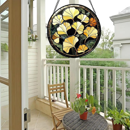 Stained Glass Window Hanging - Ginkgo Leaf Suncatcher for Doors Garden Patio Retro Fall Decor Sun Catchers Christmas Mother's Day Birthday Gifts for Women Men Mom Nana Friend 6.3 in