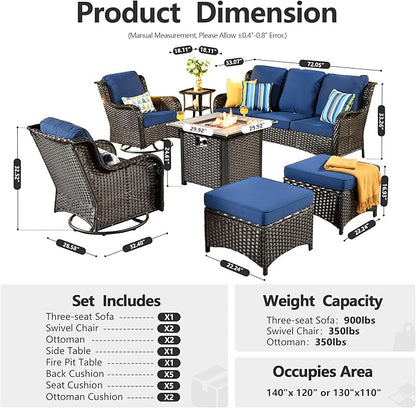 HOOOWOOO Patio Furniture Set,7 Piece Outdoor Furniture Set with Fire Pit Table,Wicker Patio Conversation Couch Swivel Chairs Ottoman Set,Navy Blue
