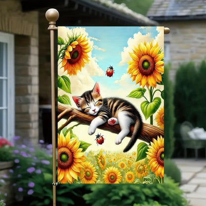 Spring Garden Flag 12x18 Inch Double-Sided Sleeping Kitten Yard Decoration Sunflowers Ladybugs for Outdoor Garden Patio Yard Spring Summer Décor