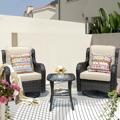 HOOOWOOO Patio Furniture Set,3 Piece Outdoor Furniture with Swivel Chairs,Wicker Patio Bistro Chairs Set,Beige