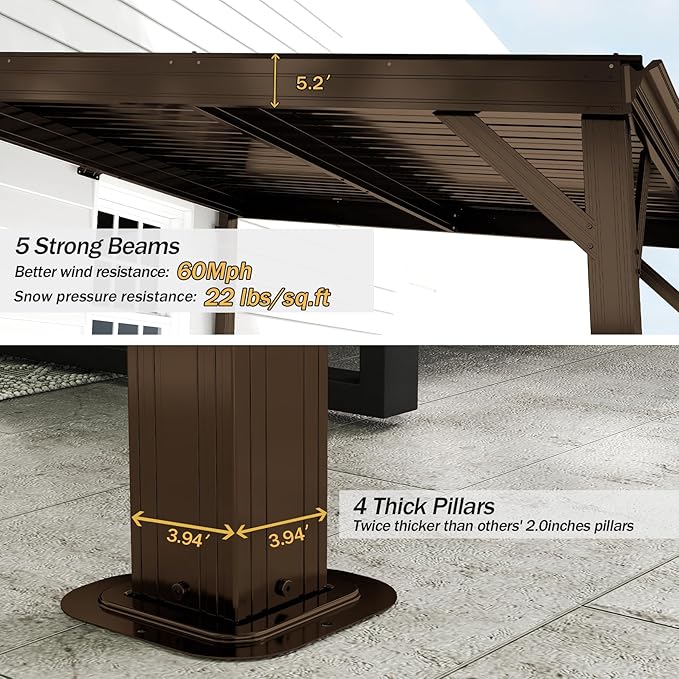 Domi 10'x14' Hardtop Wall Mounted Gazebo, Expandable Lean to Gazebo Pergola with Gutters & Galvanized Steel Roof, 60MPH Wind Resistance Outdoor Heavy Duty Canopy Sun Shade for Patio, Backyard - Brown