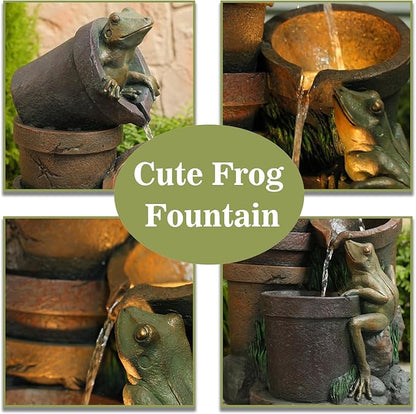 27.2''H Garden Fountains Outdoor Water Fountain,3 Tier Cascading Barrel Frog with LED Lights & Pump for Farmhouse Patio Yard Deck Home Lawn Porch House Decorations