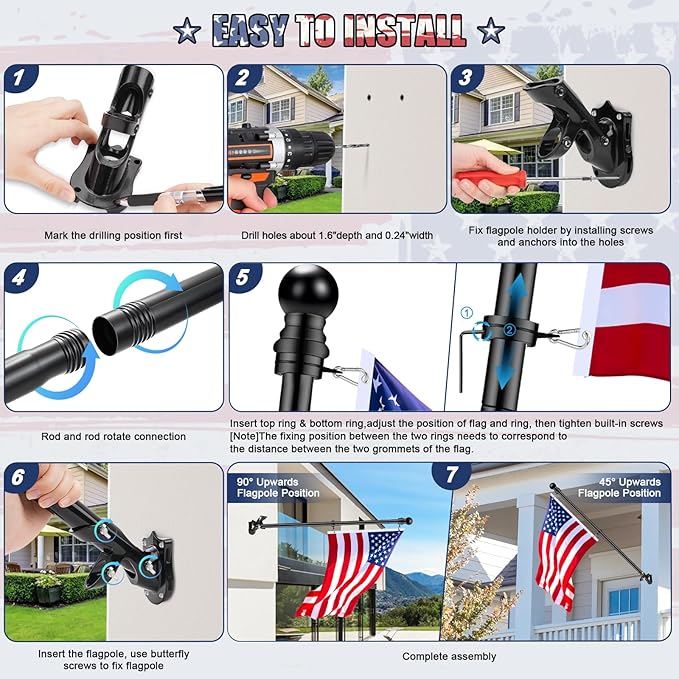 REERON Flag Pole for Outside House Porch Wall Mount, 7 FT 1" No Tangle Stainless Steel Spinning Flagpole Kit with 360° Metal Flag Pole Rings Clips & 2-Position Holder for 3x5' 4x6' American Flags