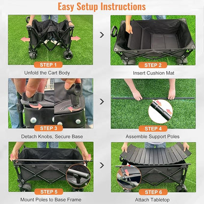 Collapsible Foldable Wagon Cart with Big Wheels and Tabletop, Large Capacity 440Lbs Folding Utility Wagon Carts for Sand, Beach, Camping, Shopping, Sport (Black)