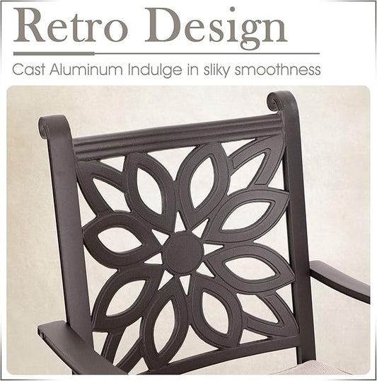 MFSTUDIO Cast Aluminum Patio Dining Set of 2, Retro Design Outdoor Table and Chairs Set with 2×Fixed Chairs and 1×Round Outdoor Table, 3 Piece Patio Set for Backyard Garden