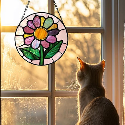Stained Glass Window Hanging 4 Pcs Set Pink Floral Theme 7.8" - Flowers Suncatcher Door Garden Sun Catcher Decor Birthday Christmas for Mom Woman Nana Men Friend