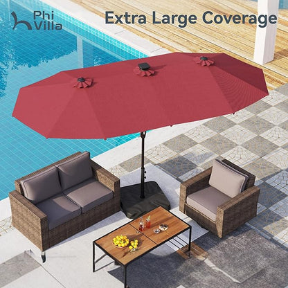 PHI VILLA 13ft Patio Umbrella with Solar-Powered 120 PCS LED Color-Changing Lights, Triple-Head Large Rectangle Umbrella Outdoor Patio for Table with Crank Lift,Red(No Base)
