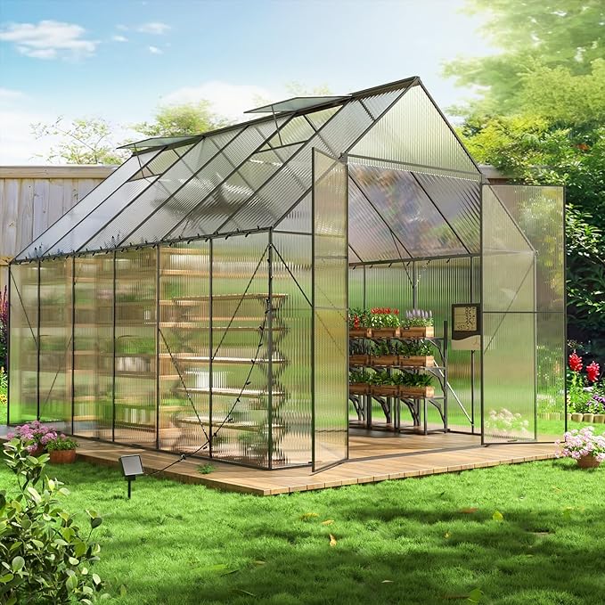 Favfurish 6x12 FT Greenhouses for Outdoors,Heavy Duty Polycarbonate Greenhouse,Lockable Walk-in Green House Sunroom w/ Adjustable Vent Window,Plant Grow Lights for Garden Plants Backyard Patio