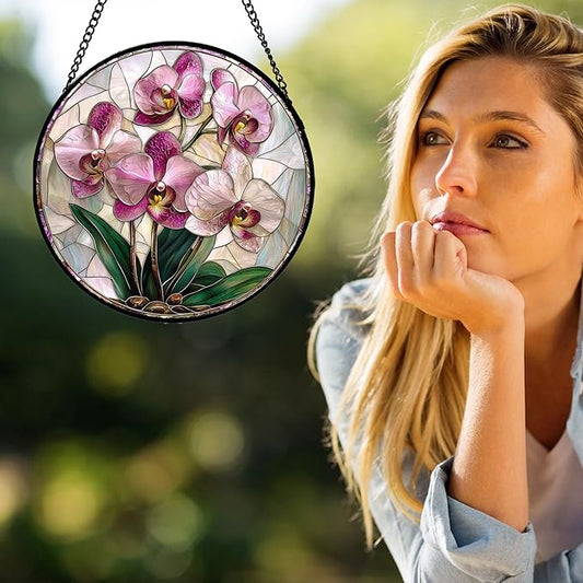 Stained Glass Window Hanging - Pink Purple Phalaenopsis Flowers Sun Catcher for Door Home Decor Plant Suncatcher Christmas Mother's Day Birthday Gifts for Women Men Mom Nana 6.3 in