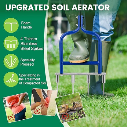 Spike Tine Fork Lawn Aerator - Four 5.2'' Stainless Steel Spikes Manual Gardening Hand Tool - Grass Dethatcher Aerator Lawn Tool with Solid Tines for Compacted Soil - Lawn Plugger Aerator