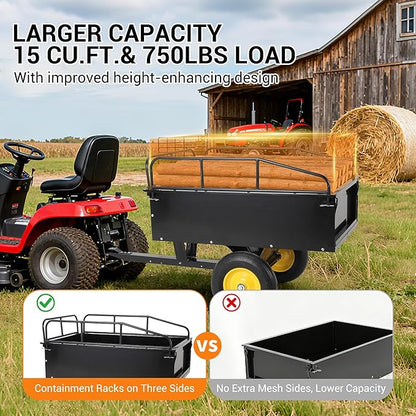 Heavy Duty ATV Dump Cart - Steel Tow Behind Trailer, 750 lbs, 15 Cubic Feet Garden Utility with Removable Sides