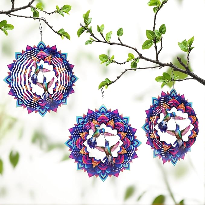 Hummingbird Wind Spinner, 12-Inch 3D Kinetic Metal Hanging Wind Spinners Outdoor, Garden Yard Decorations Indoor Outdoor Decor, Hummingbird Gifts for Women Men Birthday
