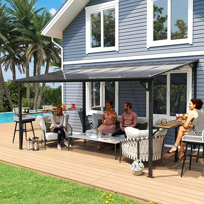 MEISSALIVVE 10' x 14' Wall Mounted Gazebo, Outdoor BBQ Grill Gazebo with Side Shelf, Lean to Metal Awnings with Sloped Roof, Heavy Duty Pergola for Backyard, Deck, Black