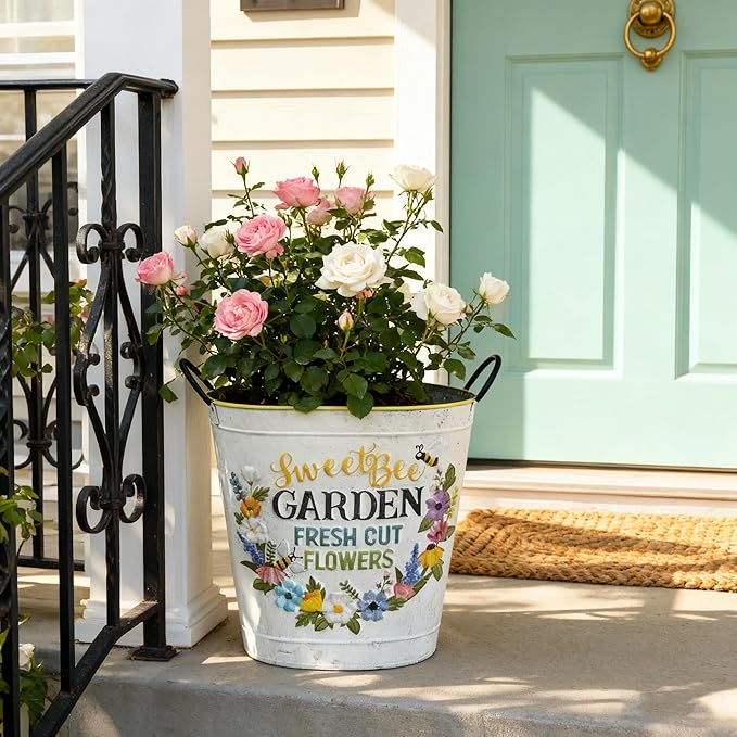Set of 2 Sweet Bee Garden Metal Planter Buckets, Rustic Farmhouse Flower Pots with Handles, Decorative Indoor Outdoor Gardening Containers for Succulents, Herbs, Home & Porch Decor