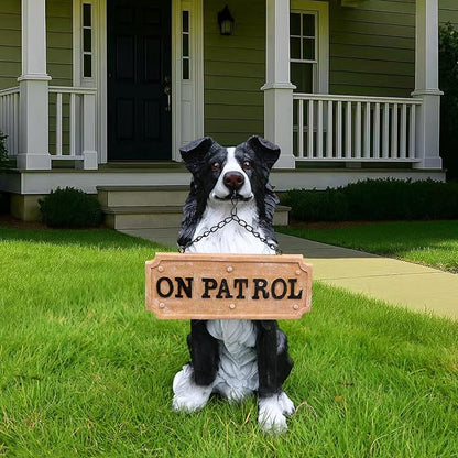 Border Collie Solar Welcome Statue, Hand-Painted Resin Sitting Dog Figurine with Lantern and Dual Wooden-Style Signs, Intelligent Guardian Sculpture for Garden and Porch Décor