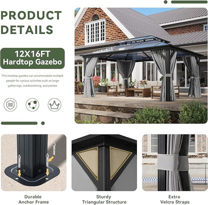 Aoxun 12'x16' Hardtop Gazebo, Aluminum Frame Permanent Pavilion with Curtains and Netting, Outdoor Polycarbonate Double Roof Canopy, Designed for Garden, Lawns, Patio