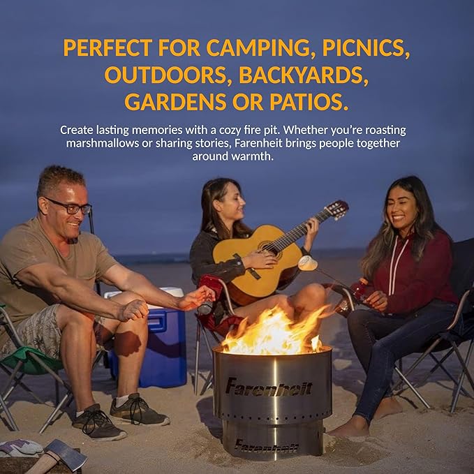 Farenheit 13.5" Stainless Steel Smokeless Fire Pit | Portable Outdoor Wood Burning Firepit for Backyard, Camping, Patio & Deck | Compact Low Smoke Design