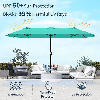 15FT Double Sided Patio Umbrella with Base Included Large Outdoor Market Umbrella with Crank Handle, UV Resistant Canopy, Sturdy Frame for Garden, Poolside, Deck, Turquoise Blue