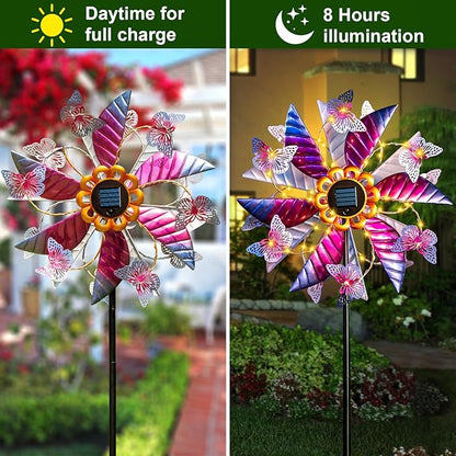 Large Solar Wind Spinners for Yard and Garden - 360° Metal Large Wind Sculptures Outdoor Clearance Kinetic Windmills with Vine String Shining LED Lights for Patio, Lawn Garden Decoration