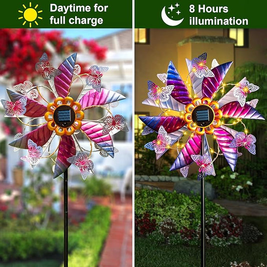 Large Solar Wind Spinners for Yard and Garden - 360° Metal Large Wind Sculptures Outdoor Clearance Kinetic Windmills with Vine String Shining LED Lights for Patio, Lawn Garden Decoration