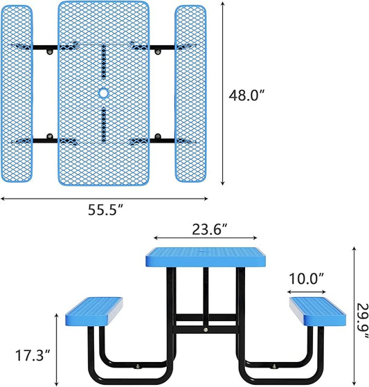 4FT Picnic Tables for Outdoors, Rectangular Commercial Metal Picnic Table Bench Set with Umbrella Hole,Heavy Duty Steel Weather-Resistant Dining Table for Patio Dining Garden Backyard BBQ School